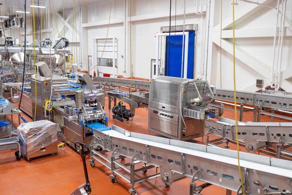 Food processing facility with sanitary conveyors